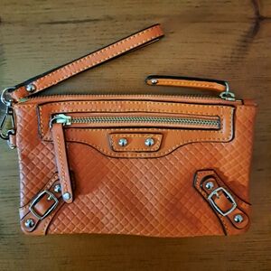 Danier Orange Leather Quilted Wristlet Clutch